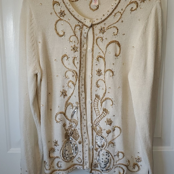 unknown Sweaters - Authentic Vintage Embellished Ivory Cardigan